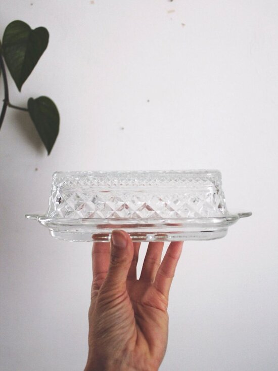 Other - Vintage Anchor Hocking Wexford Glass Butter Dish Diamond Pressed 60s Elegant